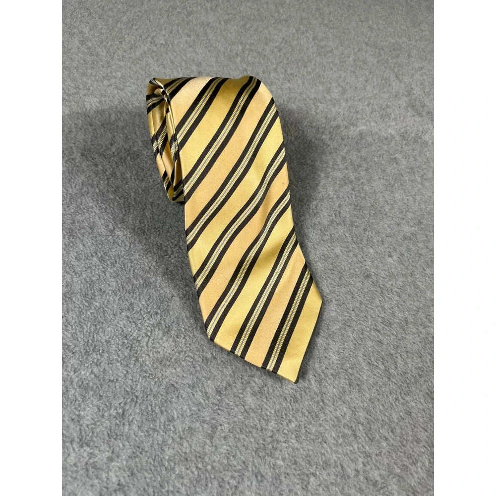Donald J Trump Signature Silk Tie Gold Navy Blue Striped Crest Hand Made